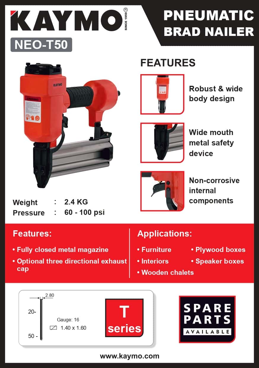 PNEUMATIC BRAD NAILER KAYMO NEO-T50 - Kaymo Fastener