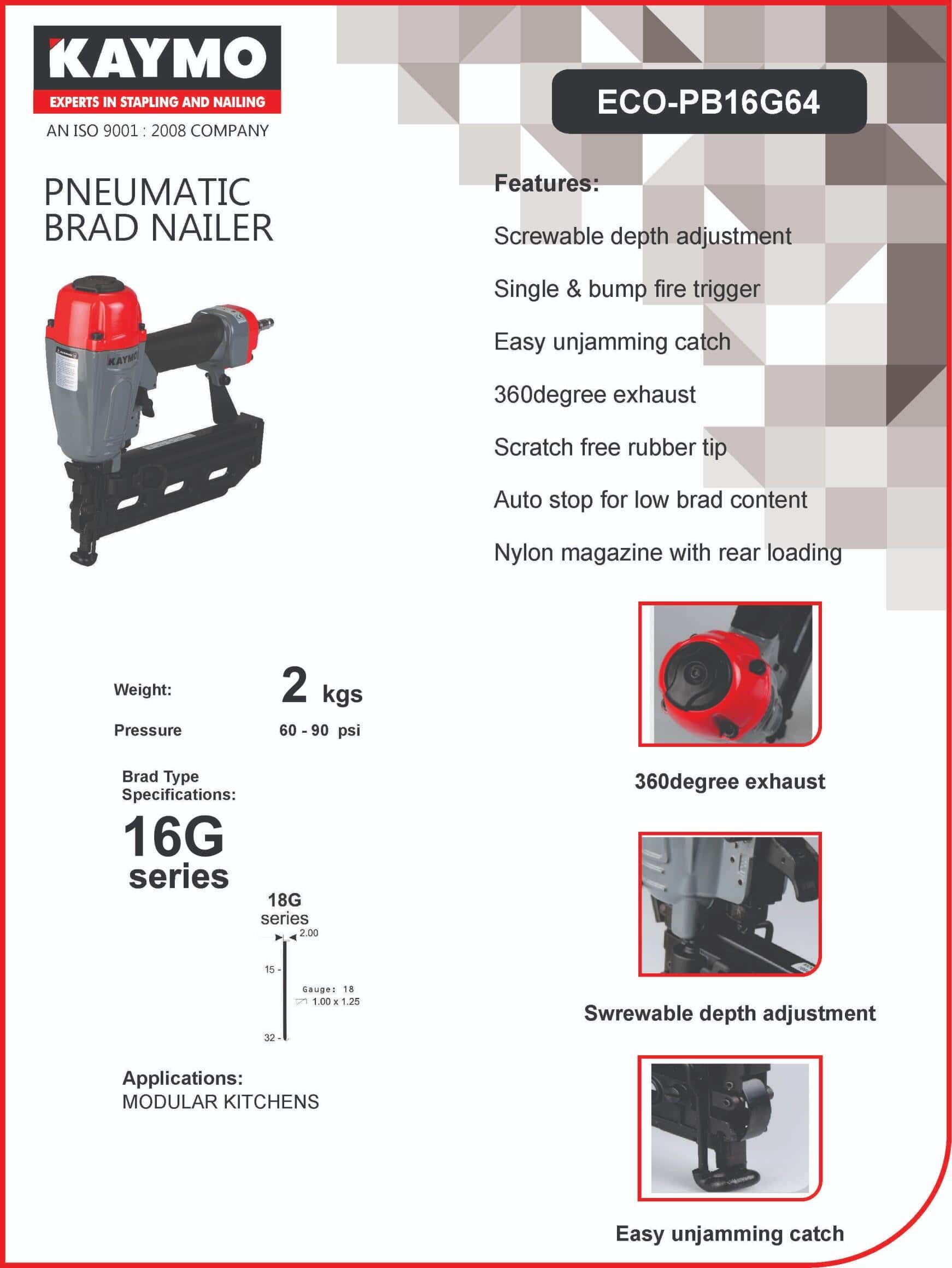 PNEUMATIC BRAD NAILER KAYMO ECO-16G64 - Kaymo Fastener Company
